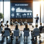 DALLE 2024 04 13 183843 An image depicting a professional business meeting where a financial advisor is presenting solar investment opportunities to a diverse group of potent